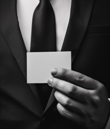 A professional man, dressed in a formal black suit and tie, presents a plain white business card, focusing on an elegant and minimalist style.